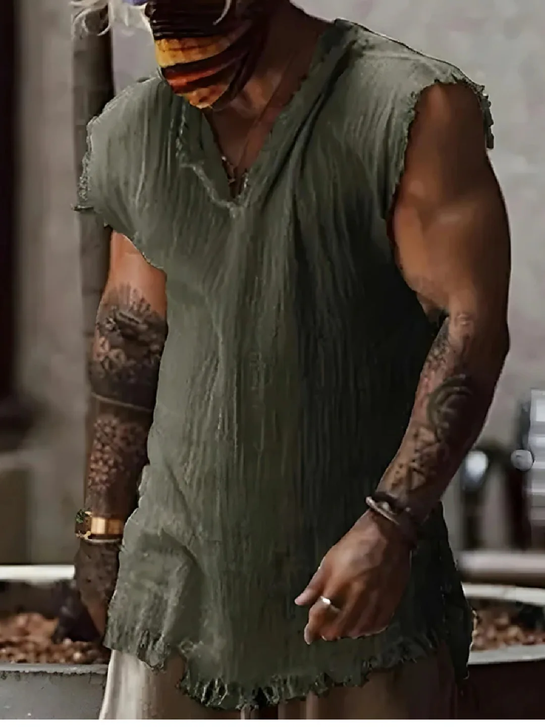 2026 Men’s Casual Retro Tank Top – Loose Fit, V-Neck, Ripped Edge, Breathable Cotton Vest - Image 9