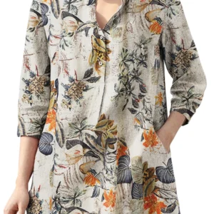 Women’s Vintage Floral Print 3/4 Sleeve Tunic – Casual Cotton Loose Blouse