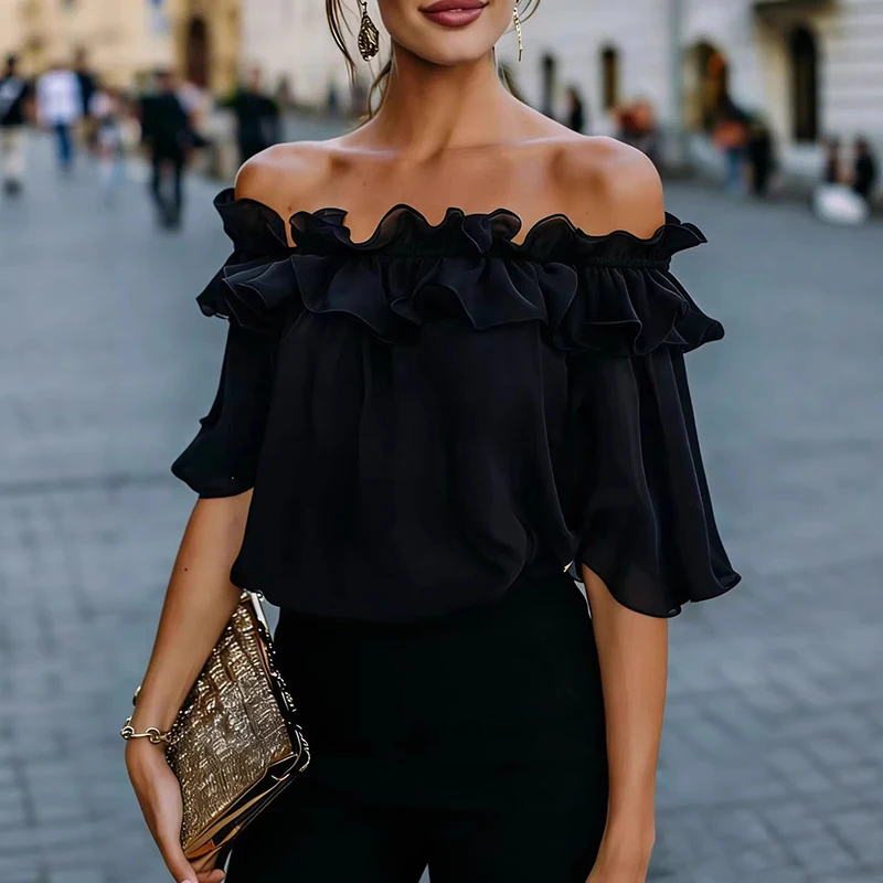 Elegant Off-Shoulder Short Sleeve Blouse – Solid Color Pullover Top - Image 2