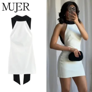 MUJER Silk-Touch Backless Dress – Off-the-Shoulder Luxury Cocktail Mini