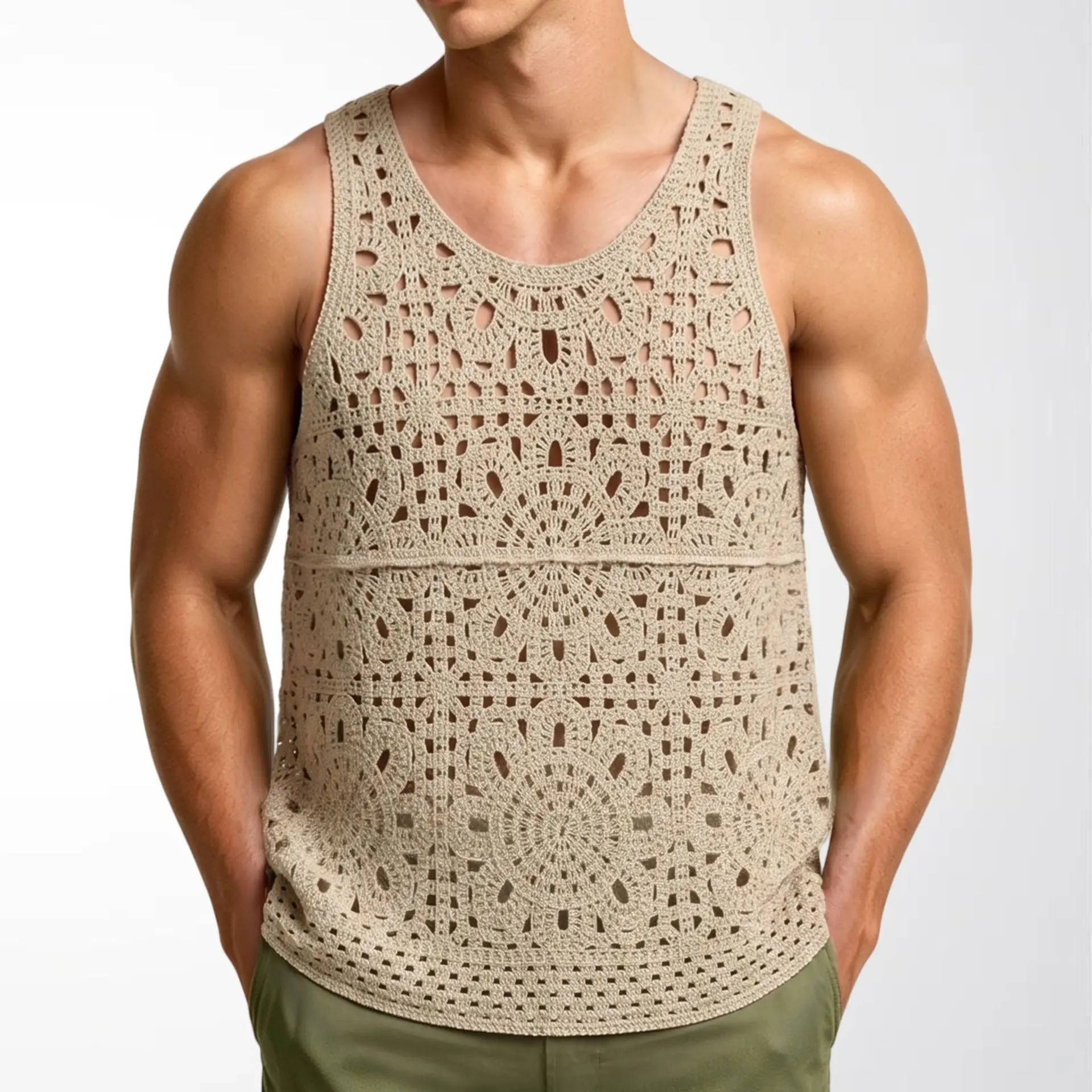 New Men's Retro Boho Crochet Tank Tops Summer Casual Crew Neck Fashion Sleeveless Vest Ethnic Style Loose Breathable Sports Tops - Image 9