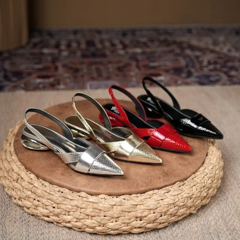 Women Sandals Luxury Designer Slingback Shoes Woman Pointed Toe Heels Golden Silver Red Pumps Block Heel Sandalias Femininas - Image 2