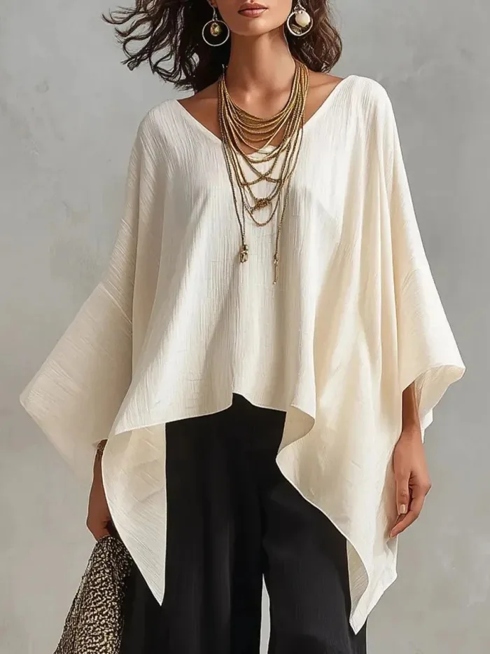 Women's Light weight Loose Solid Color T-shirt V-neck Batwing Sleeve Pleated Bluse for 2026 Summer Daily Wear Shirts - Image 3