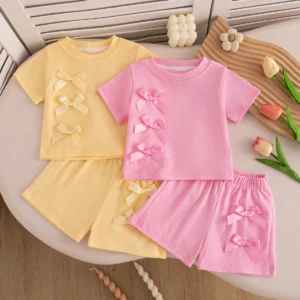 Cute Baby Girl Summer Clothes – Solid Short Sleeve Bow Top and Shorts Beach Set