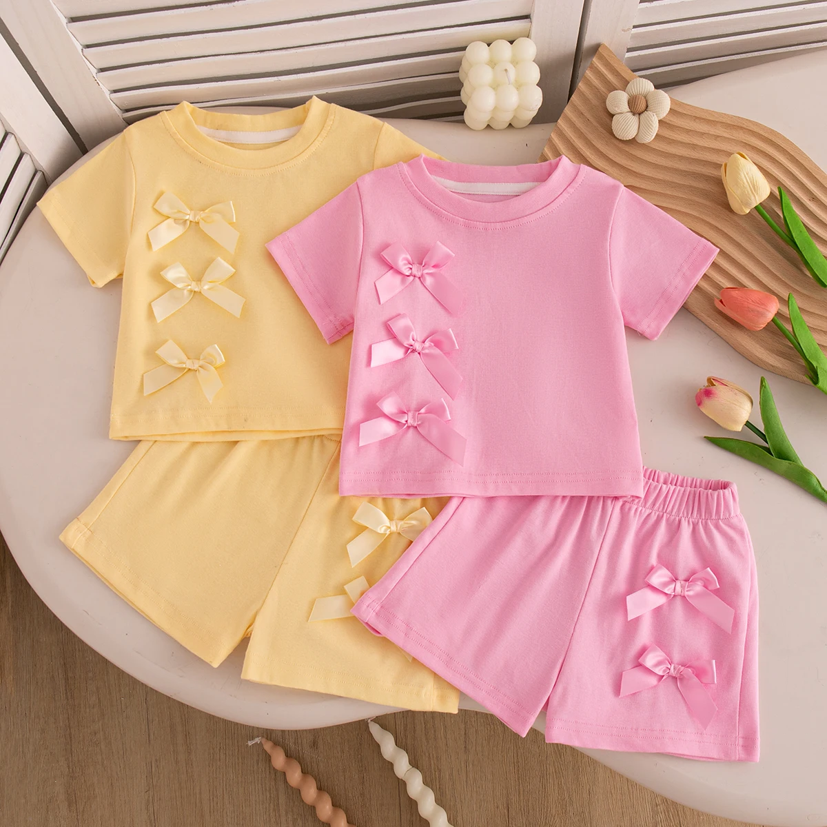 Cute Baby Girl Summer Clothes – Solid Short Sleeve Bow Top and Shorts Beach Set