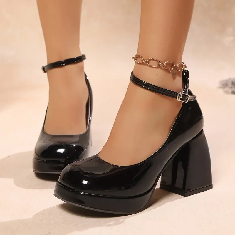 2025 Summer Fashion Ankle Strap Thick Sole High Heels Round Toe Mary Jane Shoes New Women's Casual Wedding Bride Red High Heels - Image 4