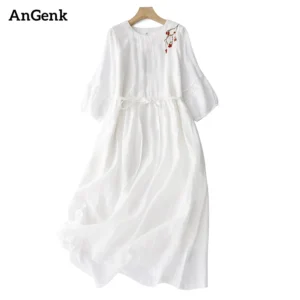 Summer Vintage Embroidery Solid Color Long Dresses For Women 2026 Casual Breathable White Thin Dress Femme Robe Elegant Clothing
