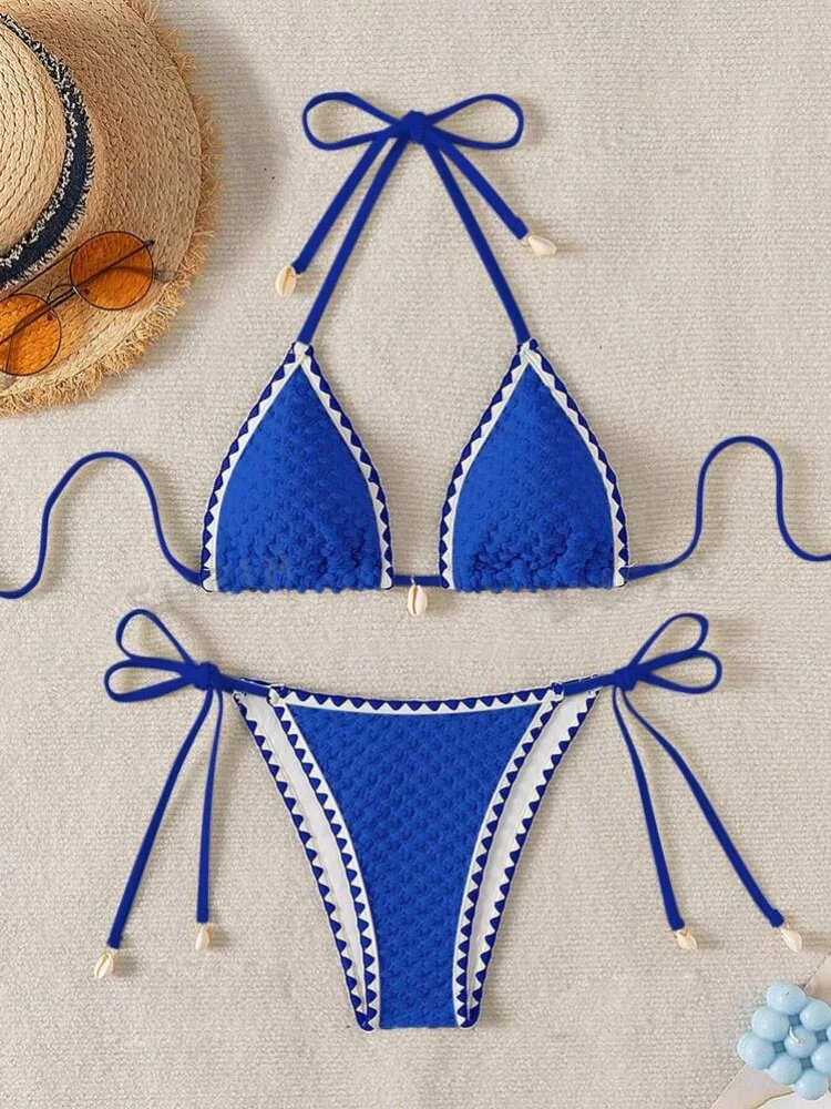 Women's White Contrast Micro Bikini Set | Sexy Shell Ornament Push Up Swimsuit - Image 2