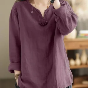 Women’s Vintage Cotton V-Neck Blouse – Elegant Long Sleeve Loose Work Tunic