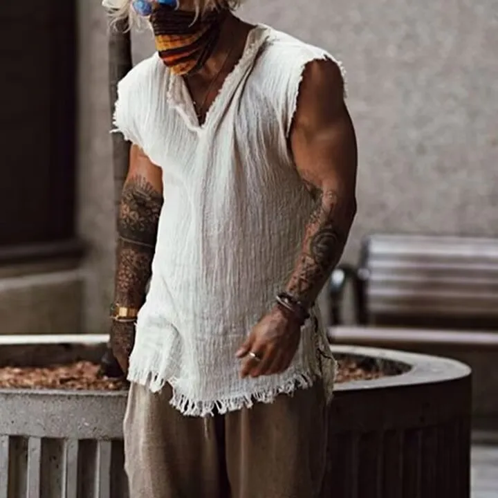2026 Men’s Casual Retro Tank Top – Loose Fit, V-Neck, Ripped Edge, Breathable Cotton Vest - Image 11