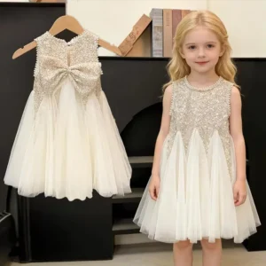 Kids Girls Summer Sequined Princess Gown Mesh Tulle Puff Sleeve Dress Elegant Birthday Party Pageant Vestidos Casual Holiday Clothes Age 2-10 Years