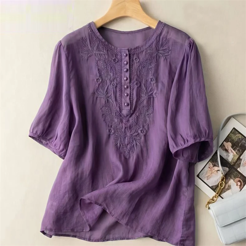 Women Clothing 2024Summer Vintage Ethnic Style Embroidery Cotton Linen Blouse Casual O Neck Short Sleeve Loose Tops Blusas Mujer - Image 6