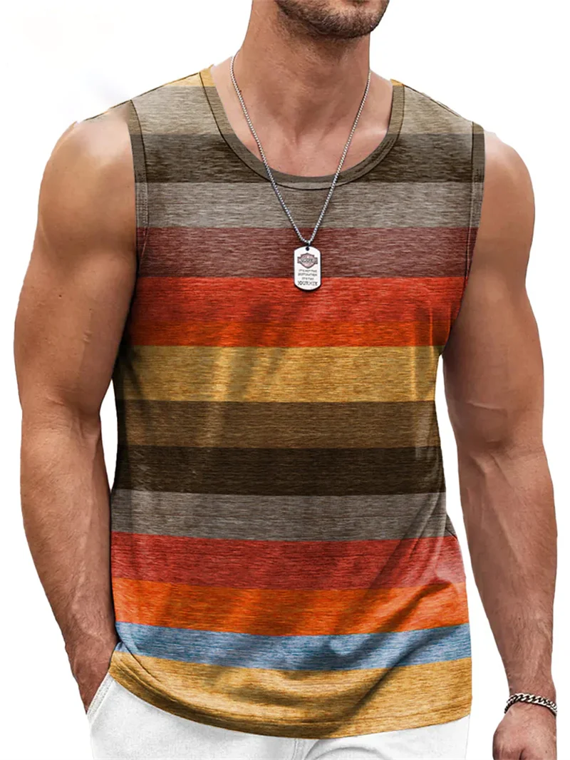 Retro Stripe Graphic Tank Tops for Men Fashion Casual Summer Sleeveless 3D Printed Vest Loose Quick Dry Sports Bodybuilding Tees - Image 2