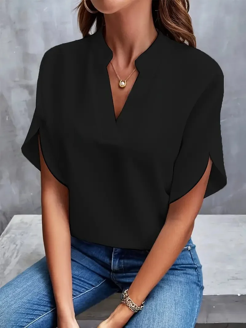Women’s Elegant V-Neck Half Sleeve Blouse – Casual Loose Solid Color Top - Image 4