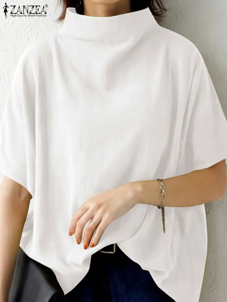 Women's Solid Cotton Turtleneck Blouse – Casual Short-Sleeve Oversized Summer Top - Image 8