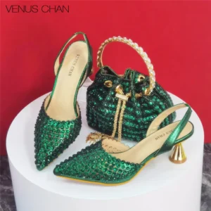 Luxury Designer Diamond Pointed-Toe High Heel Sandals – Elegant Wedding Shoe and Bag Set
