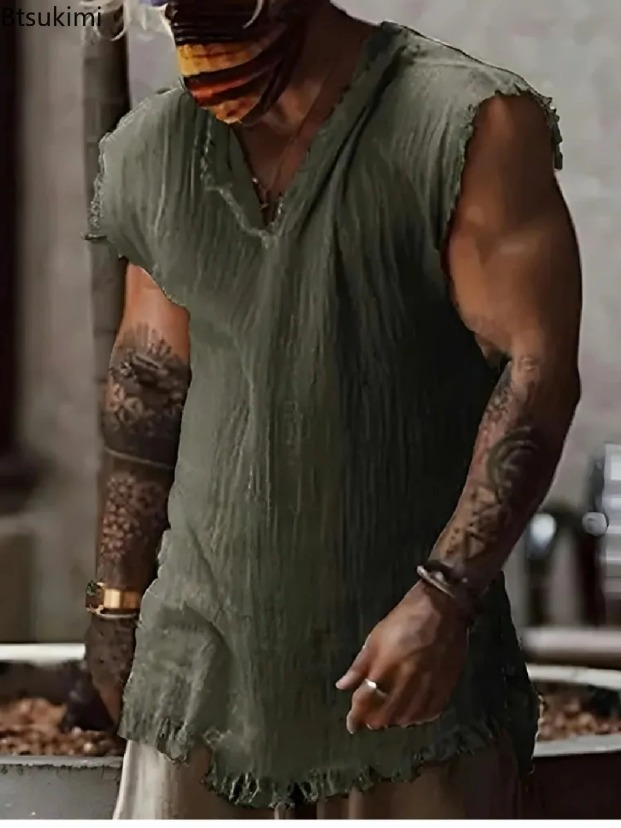 2026 Men’s Casual Retro Tank Top – Loose Fit, V-Neck, Ripped Edge, Breathable Cotton Vest - Image 2