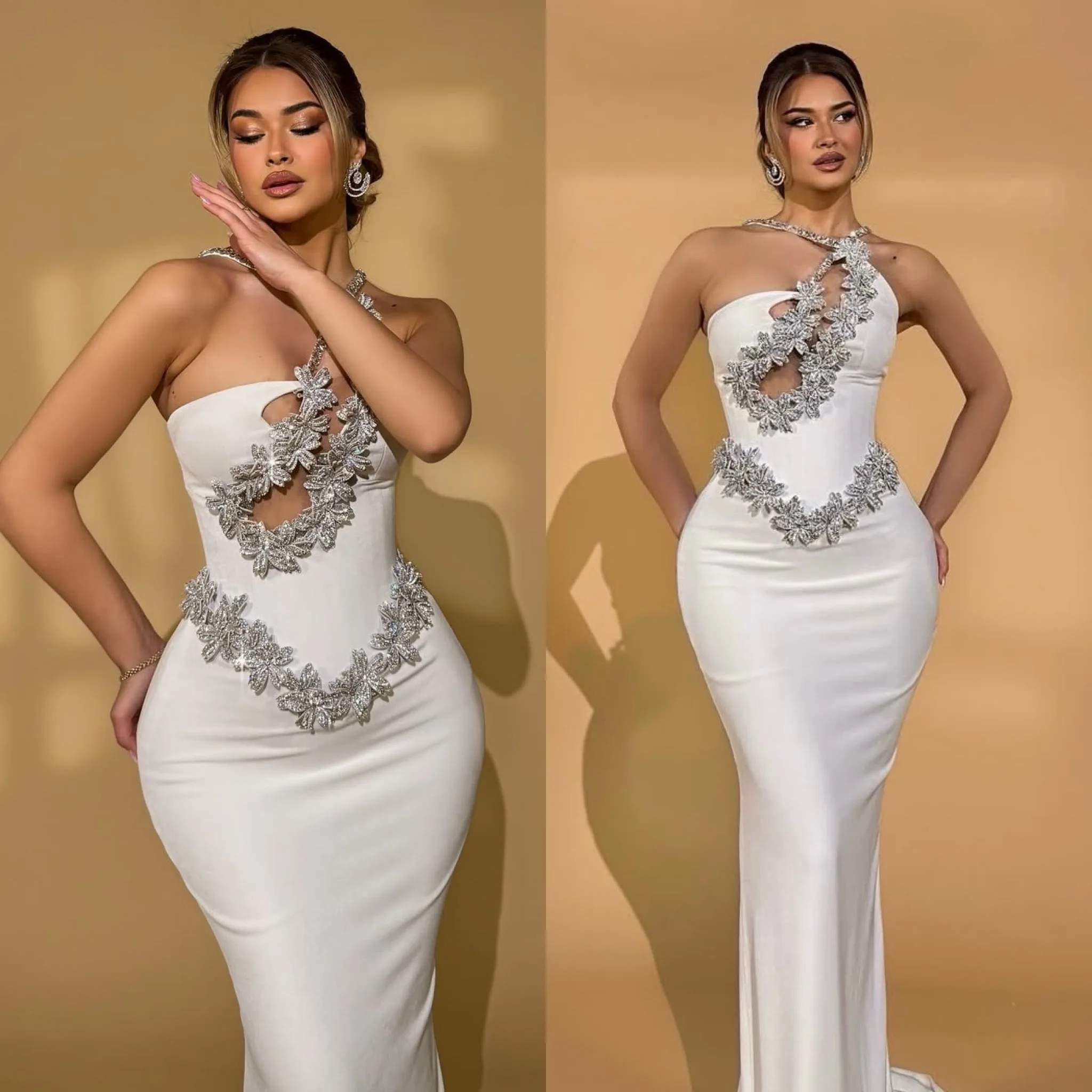 Women's Luxury White Bandage Dress Rhinestone One Shoulder Off The Shoulder Backless Sexy Tight Bodycon Hip Hugging Cocktail Party Mini Dress