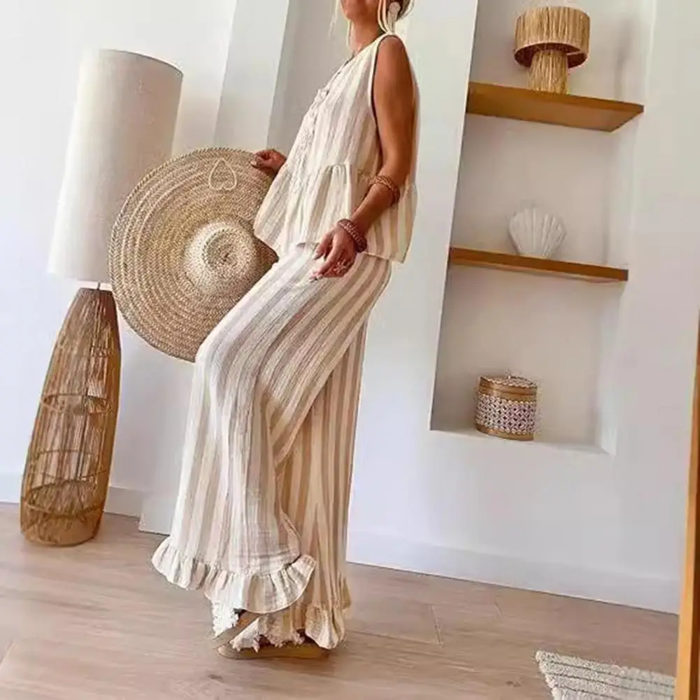 Women's Striped Tank Top & Wide Leg Pants Set | Sexy Summer Beach Lounge Matching Outfit - Image 4