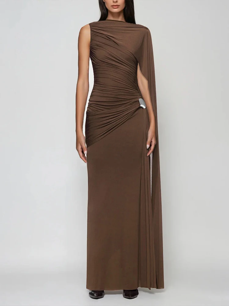 Sisterlinda Elegant Dress Woman Ruched o-Neck Sleeveless Irregular Ribbon Metal Trim Classic Birthday Party Banquet Vestidos - Image 3