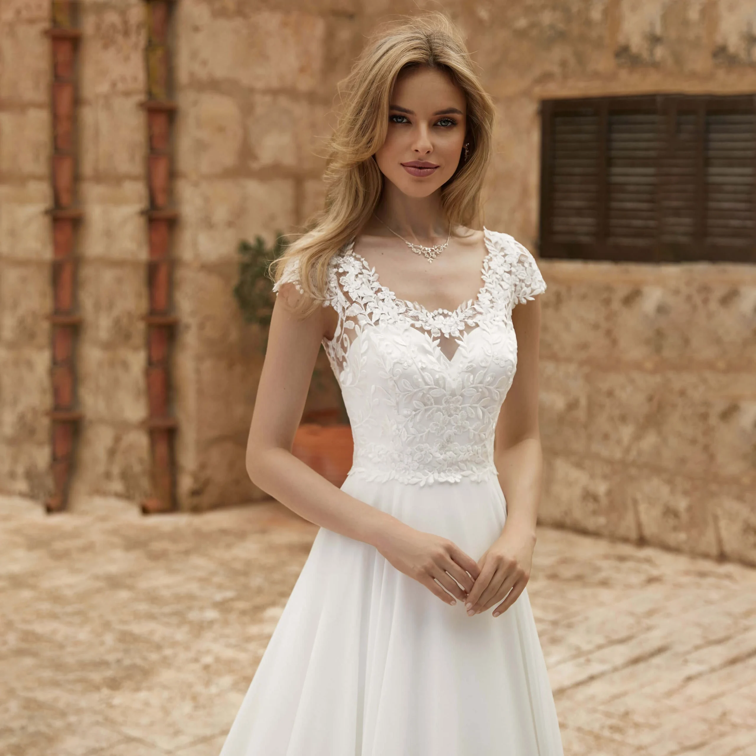 Cap Sleeve Floral Lace Chiffon Wedding Dress V Neck Sheer Back A Line Bridal Gown Long Train Outdoor Civil Wedding Custom Sizes - Image 3