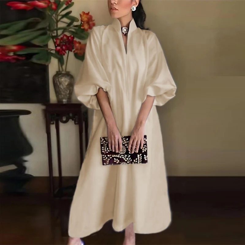 Cotton Linen Fashion Maxi Dress For Women Casual V Neck Long Sleeve White Party Dress Women Casual Half Sleeve Loose Long Dress - Image 4