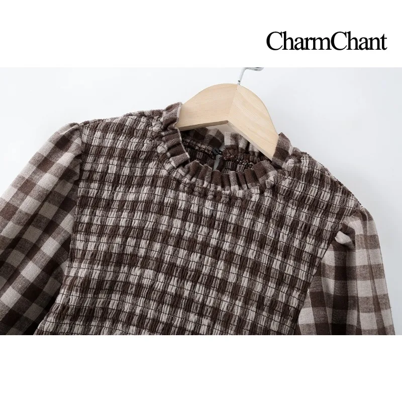 CharmChant Women's Plaid Stretchy Cotton Puff Sleeves Peplum Hem Blouse Spring 2026 Chic Modern Long Sleeve Shirt Tops for Woman - Image 4