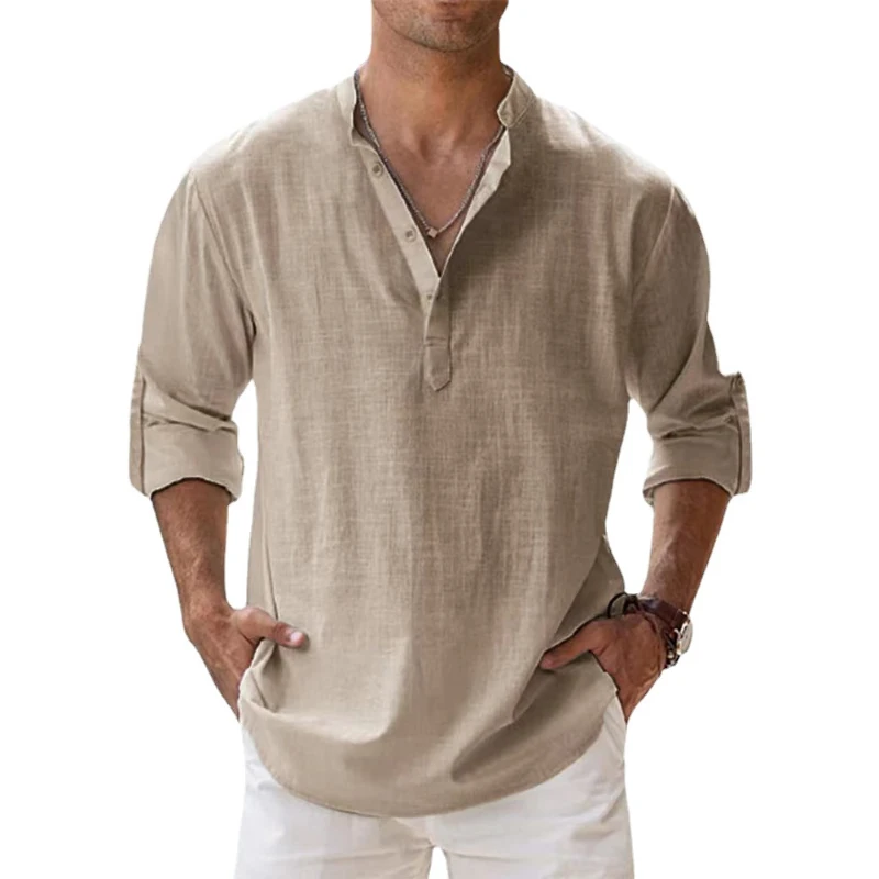 New Cotton Linen Shirts for Men Casual Shirts Lightweight Long Sleeve Henley Beach Shirts Hawaiian T Shirts for Men - Image 7