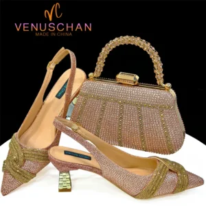 Italian Design Champagne Rhinestone Heel & Handbag Set – Elegant Nigerian Wedding & Party Shoe and Bag Ensemble