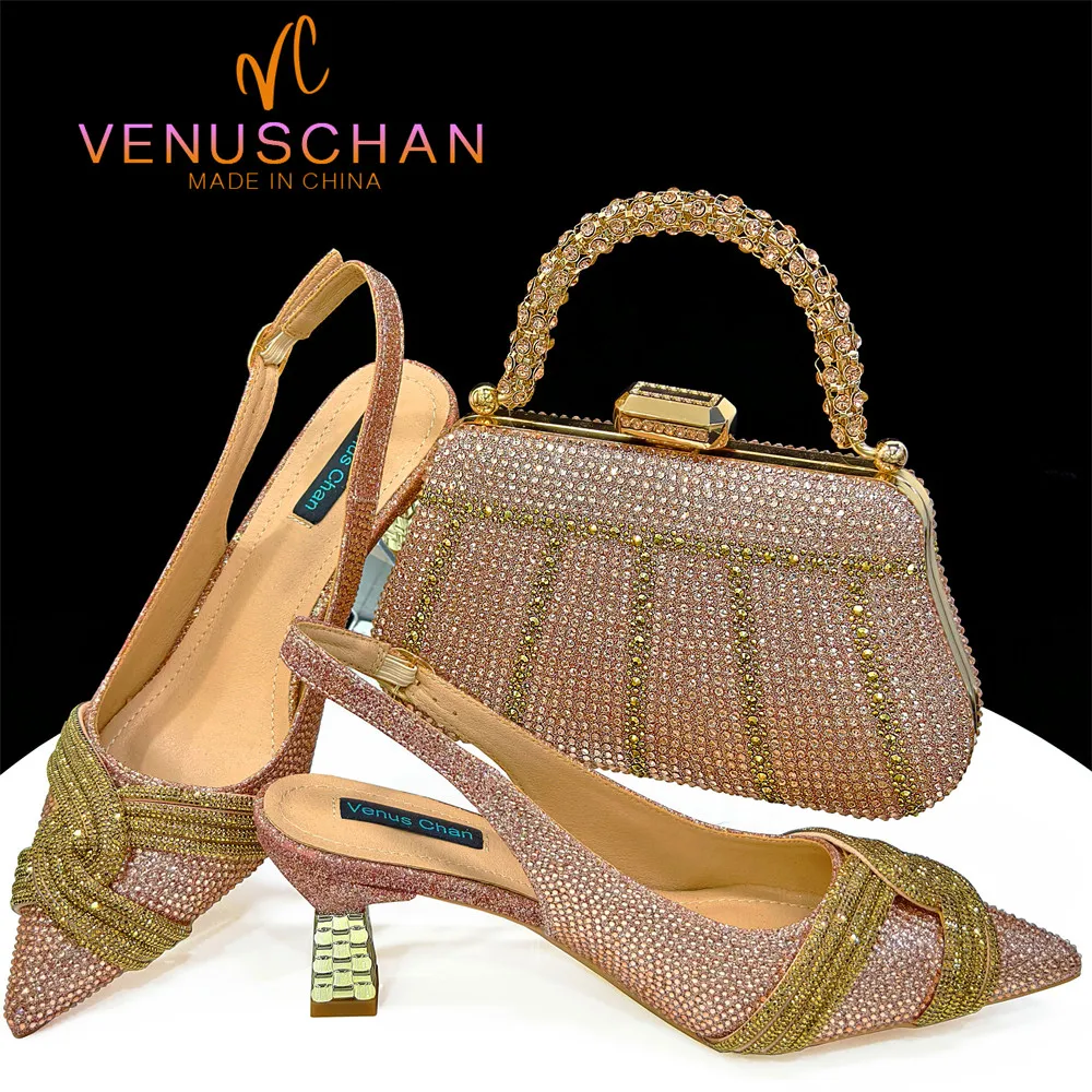 Italian Design Champagne Rhinestone Heel & Handbag Set – Elegant Nigerian Wedding & Party Shoe and Bag Ensemble