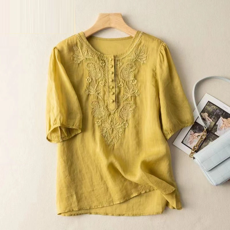 Women Clothing 2024Summer Vintage Ethnic Style Embroidery Cotton Linen Blouse Casual O Neck Short Sleeve Loose Tops Blusas Mujer - Image 4