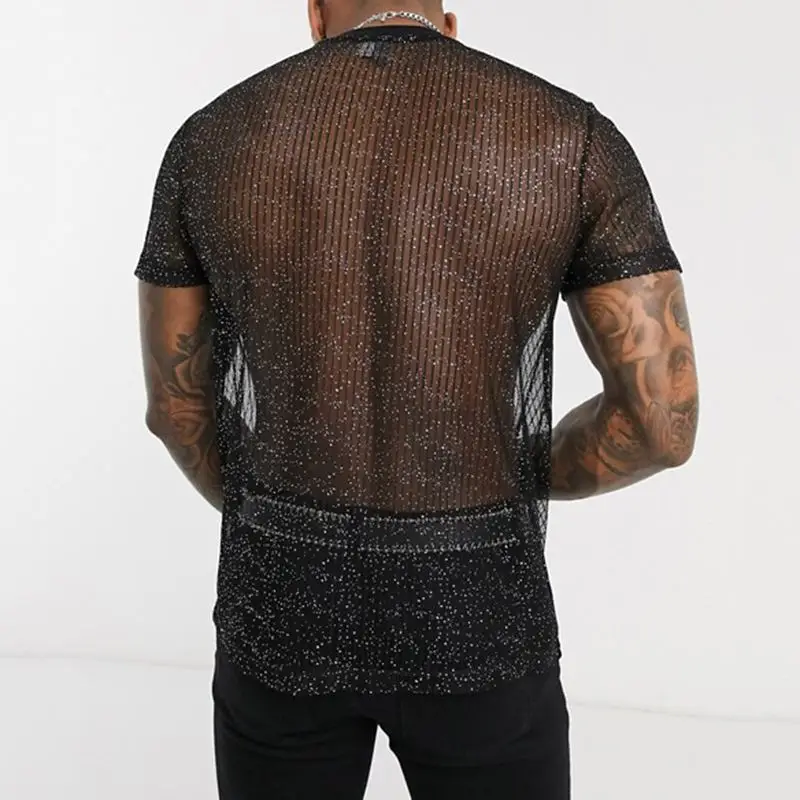 Mesh T-shirts Men Sexy Tops Round Neck See-through - Image 2