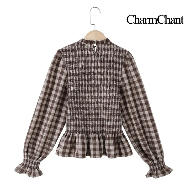 CharmChant Women's Plaid Stretchy Cotton Puff Sleeves Peplum Hem Blouse Spring 2026 Chic Modern Long Sleeve Shirt Tops for Woman - Image 3