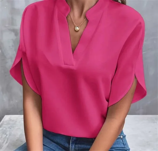Women’s Elegant Solid V-Neck Chiffon Blouse – Casual Short Sleeve Loose Top - Image 8