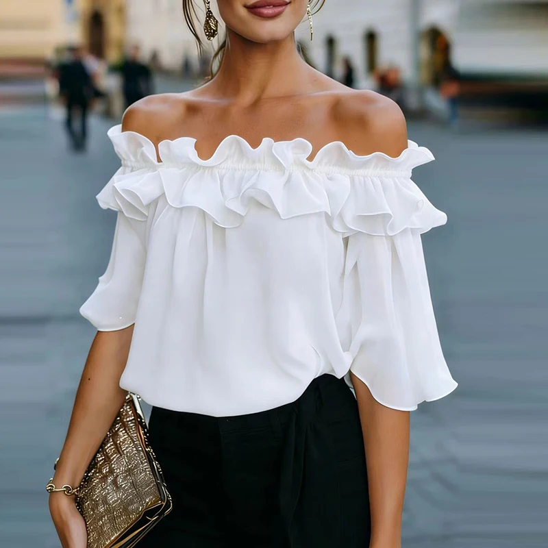 Elegant Off-Shoulder Short Sleeve Blouse – Solid Color Pullover Top - Image 8
