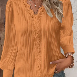 Women’s Elegant V-Neck Hollow Lace Patchwork Blouse – Chic Long Sleeve Casual Top