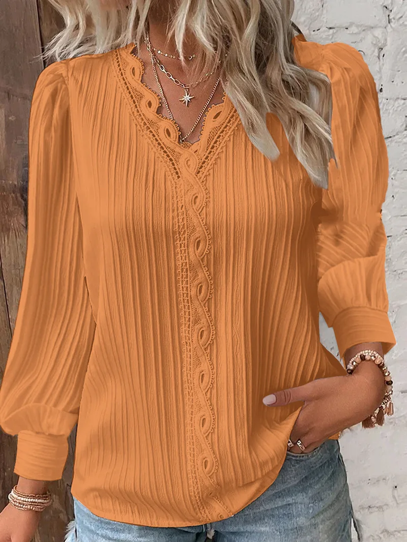 Women’s Elegant V-Neck Hollow Lace Patchwork Blouse – Chic Long Sleeve Casual Top