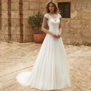 Cap Sleeve Floral Lace Chiffon Wedding Dress V Neck Sheer Back A Line Bridal Gown Long Train Outdoor Civil Wedding Custom Sizes