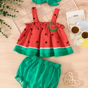 Sweet Watermelon Baby Girl Dress Set | Toddler Summer Fruit Outfit with Suspender Dress, Bloomers, and Bow Headband