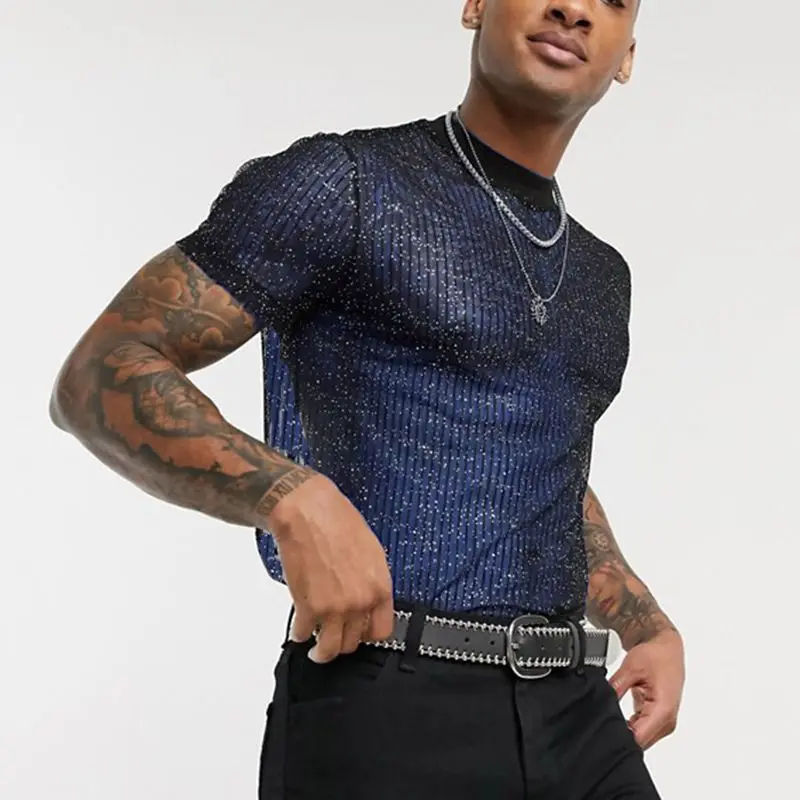Mesh T-shirts Men Sexy Tops Round Neck See-through - Image 4