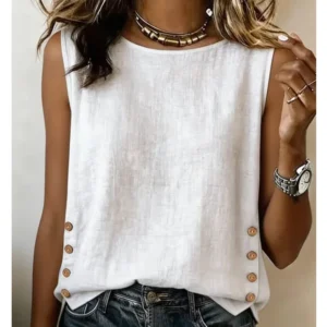 Women’s Elegant Cotton Linen Tunic – Casual Round Neck Loose Button-Down Top