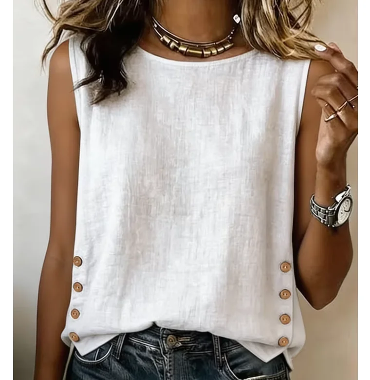 Women’s Elegant Cotton Linen Tunic – Casual Round Neck Loose Button-Down Top