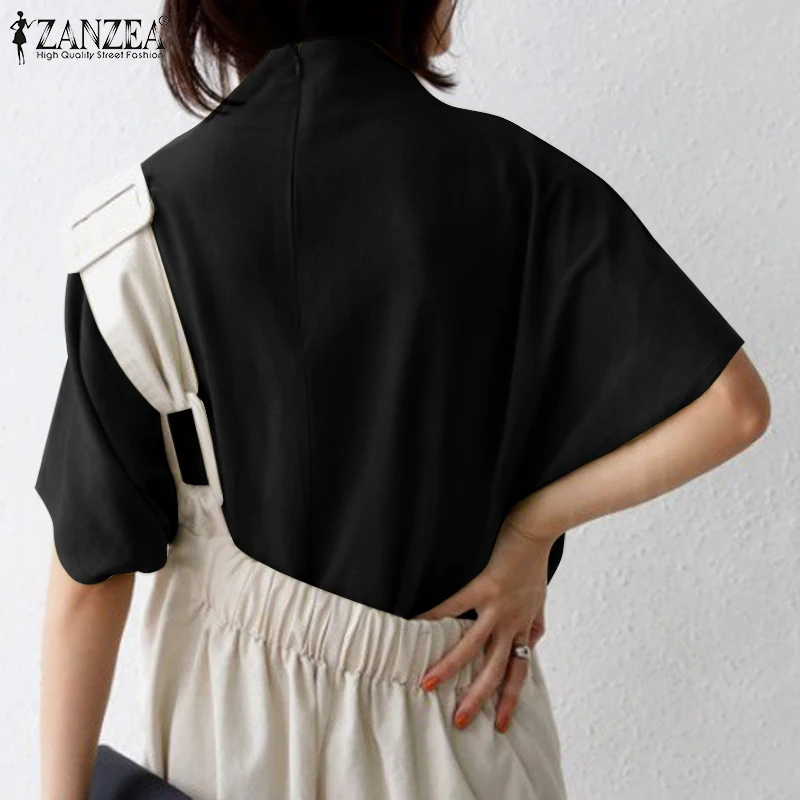 Women's Solid Cotton Turtleneck Blouse – Casual Short-Sleeve Oversized Summer Top - Image 3