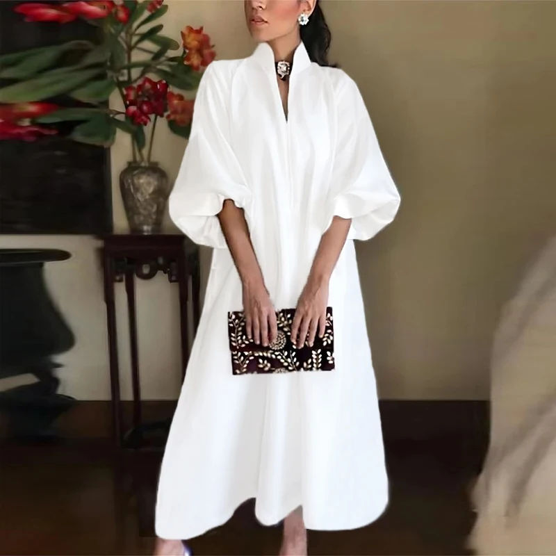 Cotton Linen Fashion Maxi Dress For Women Casual V Neck Long Sleeve White Party Dress Women Casual Half Sleeve Loose Long Dress - Image 3