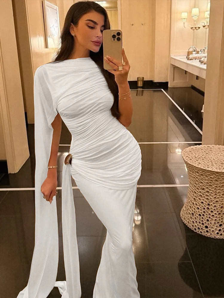 Sisterlinda Elegant Dress Woman Ruched o-Neck Sleeveless Irregular Ribbon Metal Trim Classic Birthday Party Banquet Vestidos - Image 5