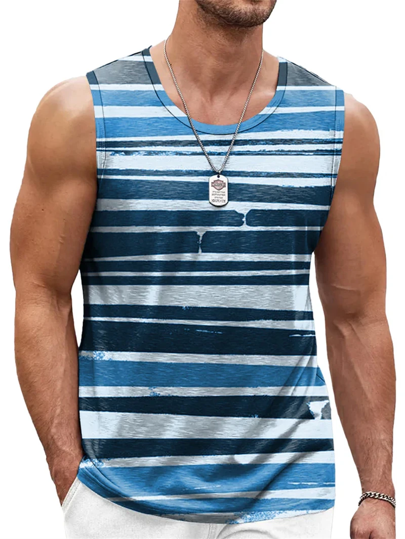 New Simple Color Striped 3D Printed Tank Tops Men Summer Sleeveless Casual Sports Vest Crew Neck Breathable Oversized Tees Tops - Image 7