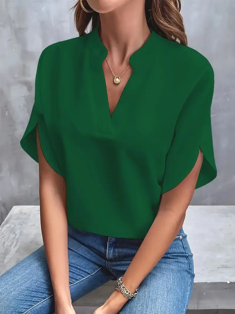 Women’s Elegant V-Neck Half Sleeve Blouse – Casual Loose Solid Color Top - Image 6