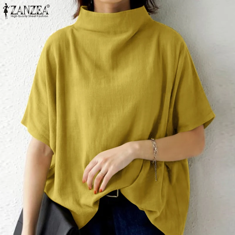 Women's Solid Cotton Turtleneck Blouse – Casual Short-Sleeve Oversized Summer Top - Image 2