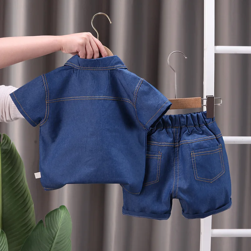 Summer Baby Boys Denim Clothes Suit Children Outfits Fashion Solid Shirt Shorts 2Pcs/Sets Toddler Casual Costume Kids Tracksuits - Image 2