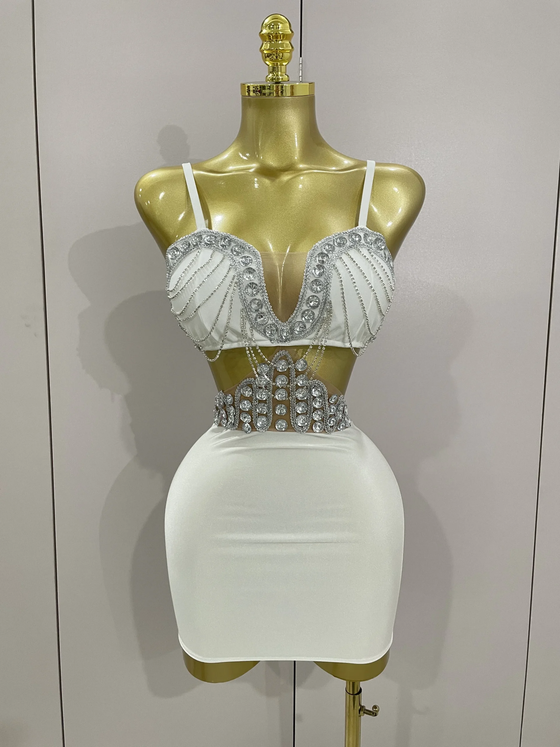 Luxury Rhinestone Chain Mini Dress – Elegant Sleeveless Bodycon for Evening & Birthday Parties